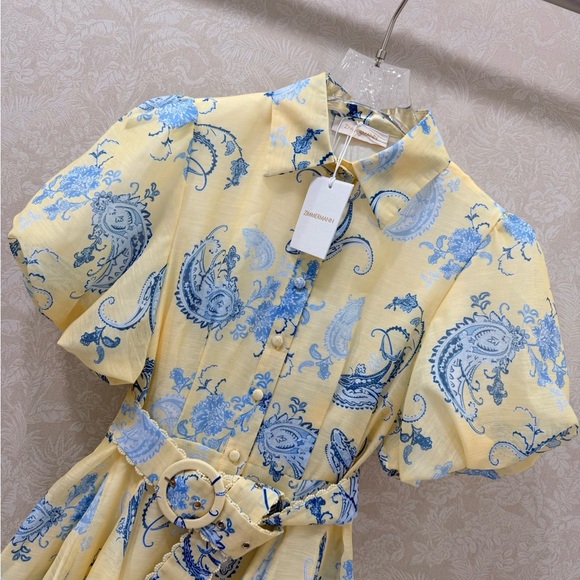 Zimmerman Light Yellow & Blue Paisley Shirt Dress with Belt - Picture 3 of 9